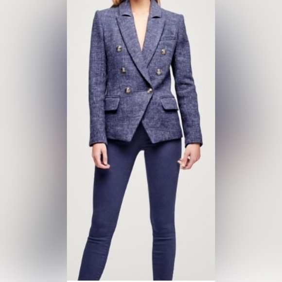 L’Agence Kenzie double breasted blazer tweed jacket  blue melange - Picture 4 of 6